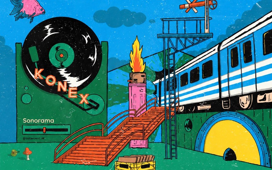 Ilustración del afiche de Sonorama: una bandeja con un vinilo, una escalera naranja, cajones de discos y un tren celeste y blanco pasando por un puente.