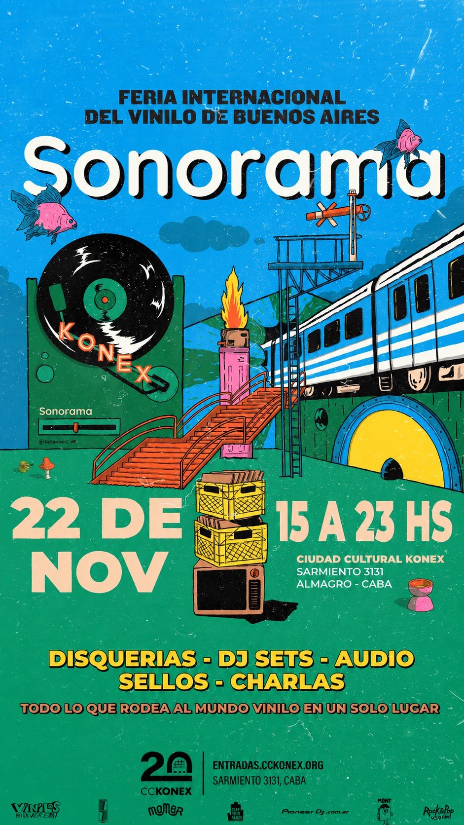 Afiche oficial de Sonorama: 22 de noviembre, de 15 a 23 hs, Ciudad Cultural Konex. Disquerías, DJ sets, audio, sellos y charlas.